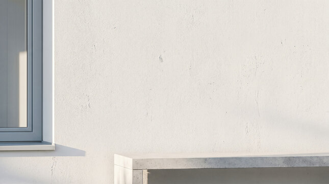minimalist architectural exterior wall of white stucco building with grey window frame and concrete bench ledge in bright morning sunlight