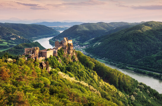 Old castle ruins with the view to Danube river valley. Aggstein, Austria, Wachau valley, popular travel destination.