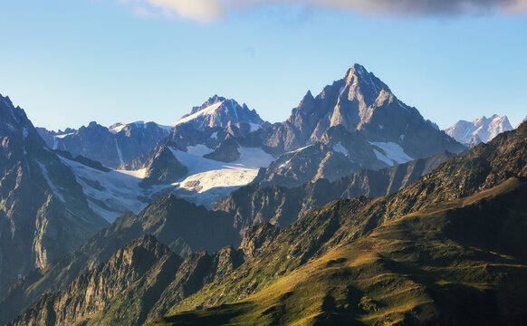 Mountain view from Tetnuldi ski resort at summer time,  Great Caucasian Range in the upper Svaneti. Georgia