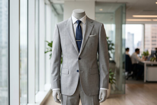 Light gray men's suit on mannequin with navy tie for formal business attire display and tailoring showroom background