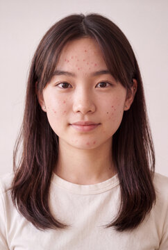 Frontal portrait of teenage girl with acne and blemishes for skin care education and dermatology background