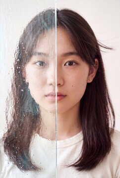 Split portrait showing wet glass effect on one side and clear skin on the other for skincare comparison and ad banner use