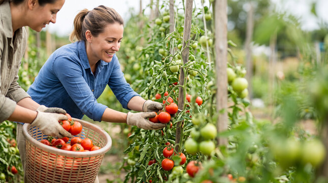 Two women harvesting ripe tomatoes in an organic garden for farm produce background and market banner design