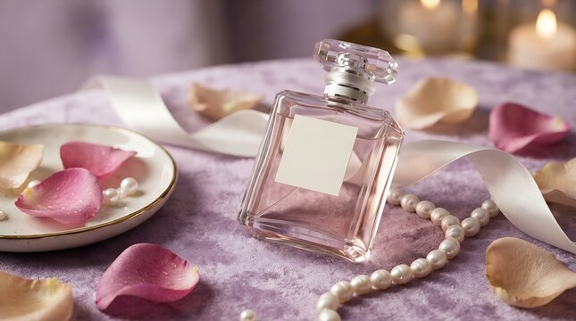 Glass perfume bottle with pink petals pearls and white ribbon on