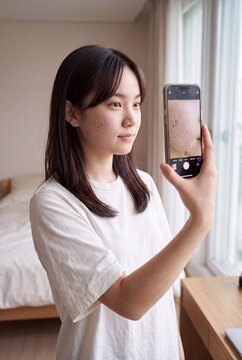 Young woman taking a closeup skin selfie in a bright bedroom for skincare progress tracking and beauty routine documentation for personal care