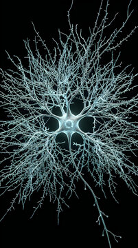 Glowing neuron cell with intricate branching dendrites on black