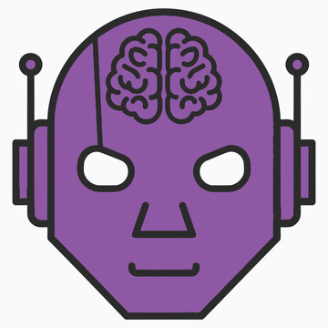 Purple robot head vector featuring visible human brain for artificial intelligence concept.