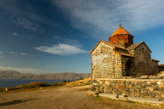 Sevanavank Monastery, located on the peninsula of the high-altitude Lake Sevan in Armenia. The complex was founded in 874 by Princess Mariam Bagratuni