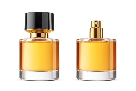 Transparent cylindrical bottle of yellow perfume with black lid and golden sprayer isolated. Transparent PNG image.