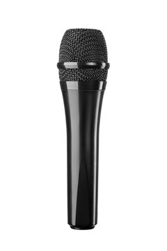 Black handheld dynamic microphone isolated. Transparent PNG image.