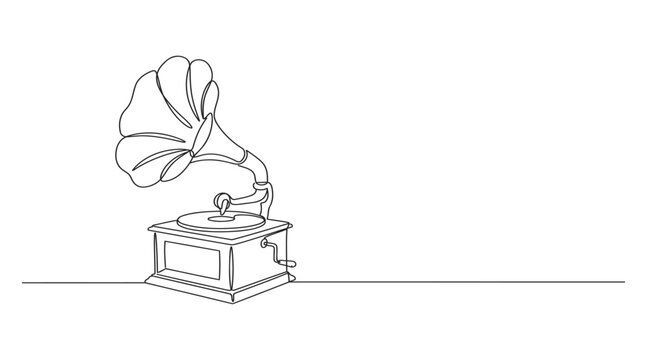 Old fashioned gramophone record player for music playback in a clean linear style with an elegant continuous