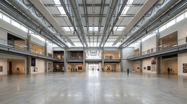 Vast modern art museum interior with polished concrete floor, towering industrial ceiling, metal ductwork, second-floor mezzanine galleries, white exhibition walls, and scattered visitors admiring art