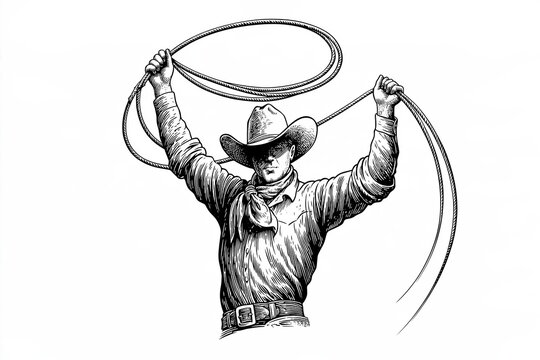 Vintage sketch of a cowboy swinging a lasso rope