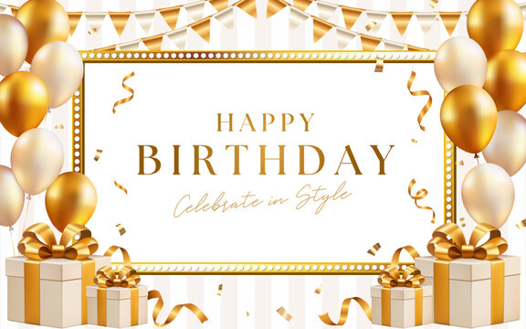 Happy birthday luxury background frame with gold balloons gift boxes bunting and marquee frame template