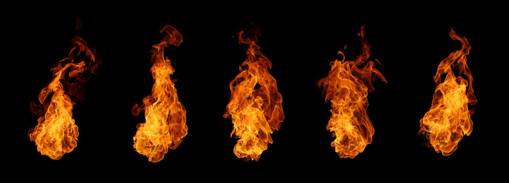 Collection of five realistic fiery flame bursts and fireballs isolated on a black background. Concept of abstract blazing element set, dynamic heat overlay, and dramatic energy design.