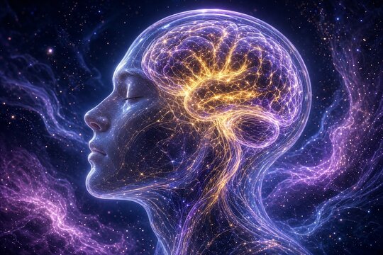  Ilustra&ccedil;&atilde;o 3D de um perfil humano transl&uacute;cido com c&eacute;rebro brilhante e rede neural dourada sobre fundo c&oacute;smico com nebulosa roxa e estrelas
