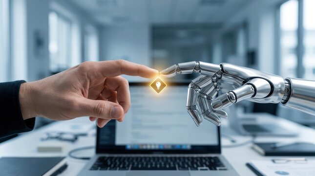 Human hand and robot hand touching small glowing light bulb icon over laptop
