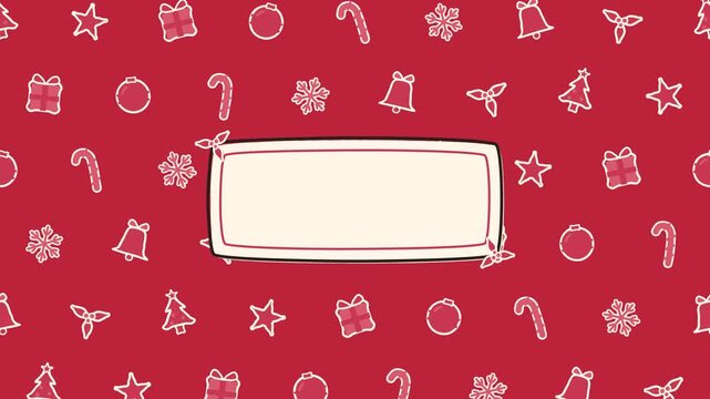 Hand drawn Christmas icon pattern scrolling on red with a blank label for text, 4K seamless loop background