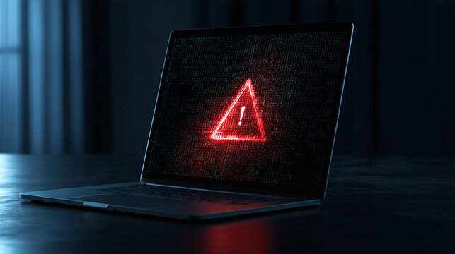 Laptop screen with glowing red warning symbol and binary code for danger