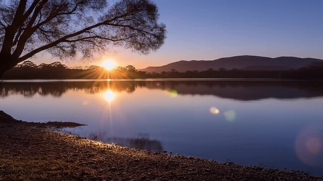 A serene waterscape at sunrise. Silhouetted tree frames sun's reflection on calm lake; mountains in the distance