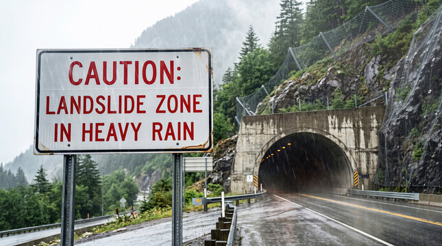 Road warning sign at mountain highway tunnel entrance with rockfall netting in heavy rain, hazard and travel safety concept