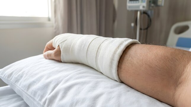 Patient arm resting on pillow wrapped in white fiberglass cast for fracture healing.