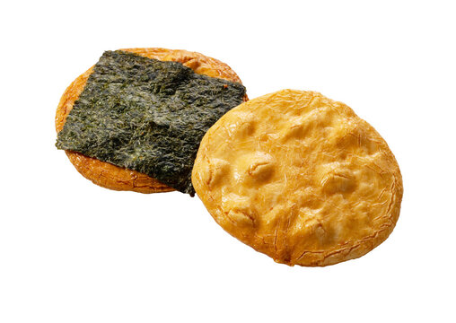 Two traditional Japanese rice crackers nori seaweed and salad flavor senbei isolated on transparent background