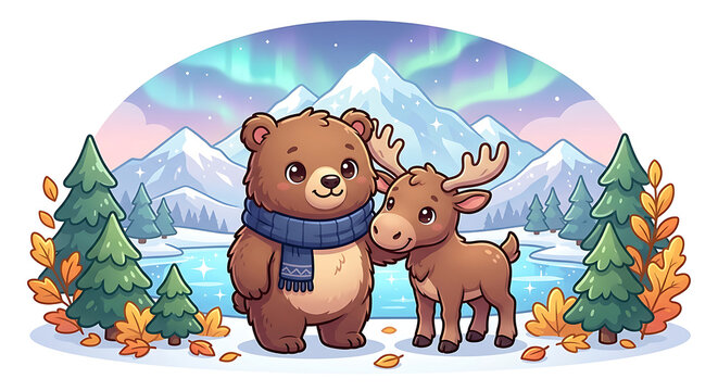 Cute cartoon grizzly bear and moose standing together in snowy alaska mountain landscape with northern lights vector illustration