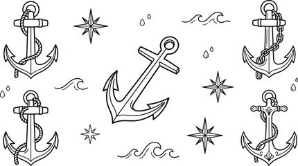 Nautical marine anchor tattoo flash elements thin line vector illustrations set containing vintage anchors ropes chains sea waves windrose stars © golapi