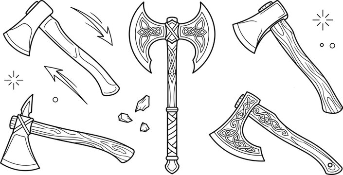 Medieval celtic viking axes and ancient tactical tomahawk weapons line icons bundle containing double head battle axe ornate hatchets steel blades