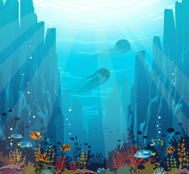 Underwater seascape with colorful coral reef, jellyfish, underwater mountains and tropical fishes. Vector illustration with marine life. Seascape image.
