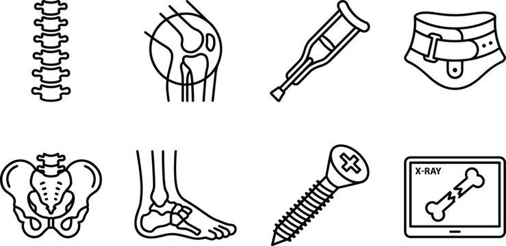 Orthopedic medical line icon collection featuring spine knee joint crutch brace pelvis foot bone screw and fracture xray