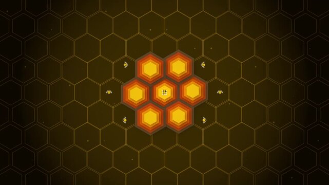 Animated honeycombs with flying bees in geometric motion
