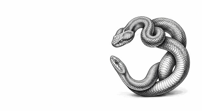 Graphite pencil sketch of a dual-headed coiled serpent forming an ouroboros on a white background. Mythological symbolism illustration.