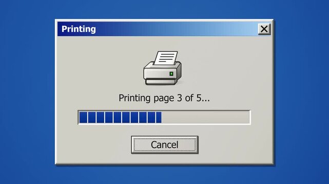 Retro computer printing window shows a printer icon and page counter as a segmented blue progress bar fills from page one to five on a classic desktop screen