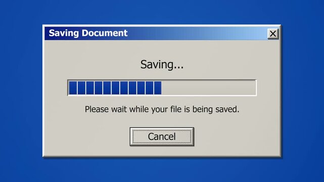 Retro computer saving document window displays an animated blue progress bar on a classic desktop screen, illustrating file processing, data storage and nostalgic software design