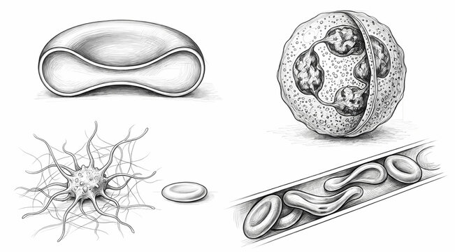 Graphite pencil sketch of microscopic blood cell morphologies including red blood cells, leukocytes, and capillaries on a white background. Medical study sheet.