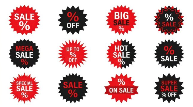 Sale badges with percentage discounts in red and black