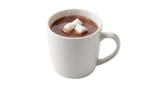 Steaming hot chocolate with mini marshmallows in white mug, delicious cocoa beverage isolated on white, cozy winter drink for seasonal advertising