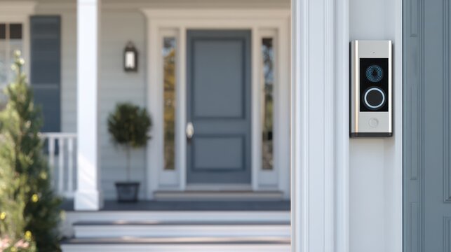 Medium shot of a residential front door equipped with a smart lock sensor activating AI monitoring to detect potential breakin attempts in a modern home.
