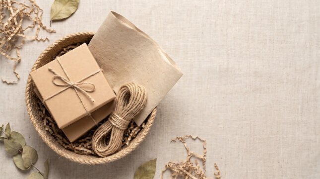 Rustic eco friendly gift box wrapping in woven basket, neutral kraft paper gift box with jute twine, sustainable aesthetic packaging flat lay