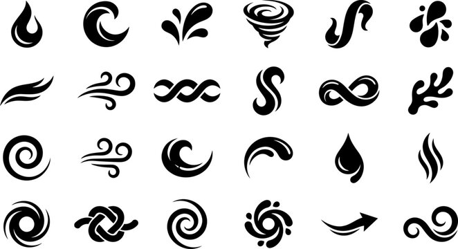 Black silhouette set of abstract fluid waves, wind gusts, water drops, swirls and vortex symbols vector illustration