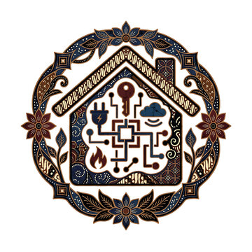 Smart home technology icon with traditional Indonesian batik pattern on transparent background, isolated on white.