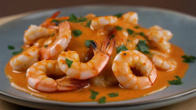 New Orleans shrimp remoulade on a plate. Delicious seafood appetizer with spicy creole sauce dish.
