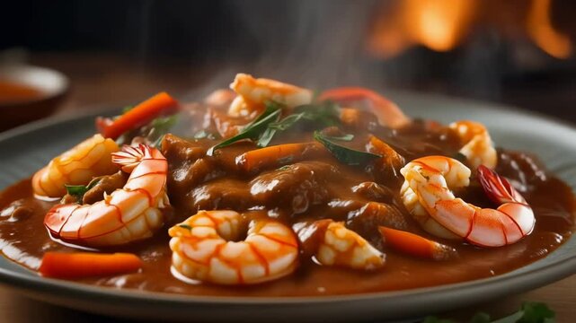 Steaming bowl of shrimp &eacute;touff&eacute;e. Delicious Cajun seafood dish served on a dark rustic plate.