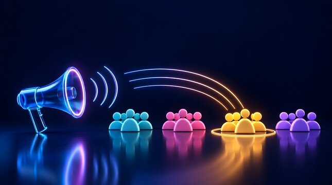 Market segmentation broadcast concept featuring glowing neon megaphone directing communication lines to colorful targeted audience groups