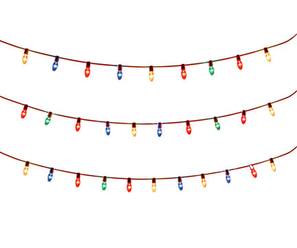 Three strings of colorful christmas lights isolated on transparent background