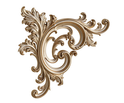 Elegant golden baroque scrollwork corner ornament isolated on transparent background