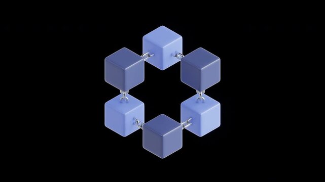 Blockchain network of connected cubes rotating with looping animation in 3D icon style on transparent background for cryptocurrency, decentralized finance, and web3 technology concepts.