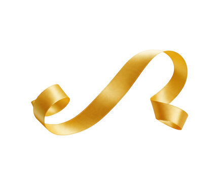 Golden satin ribbon curled in a decorative wave isolated on transparent background